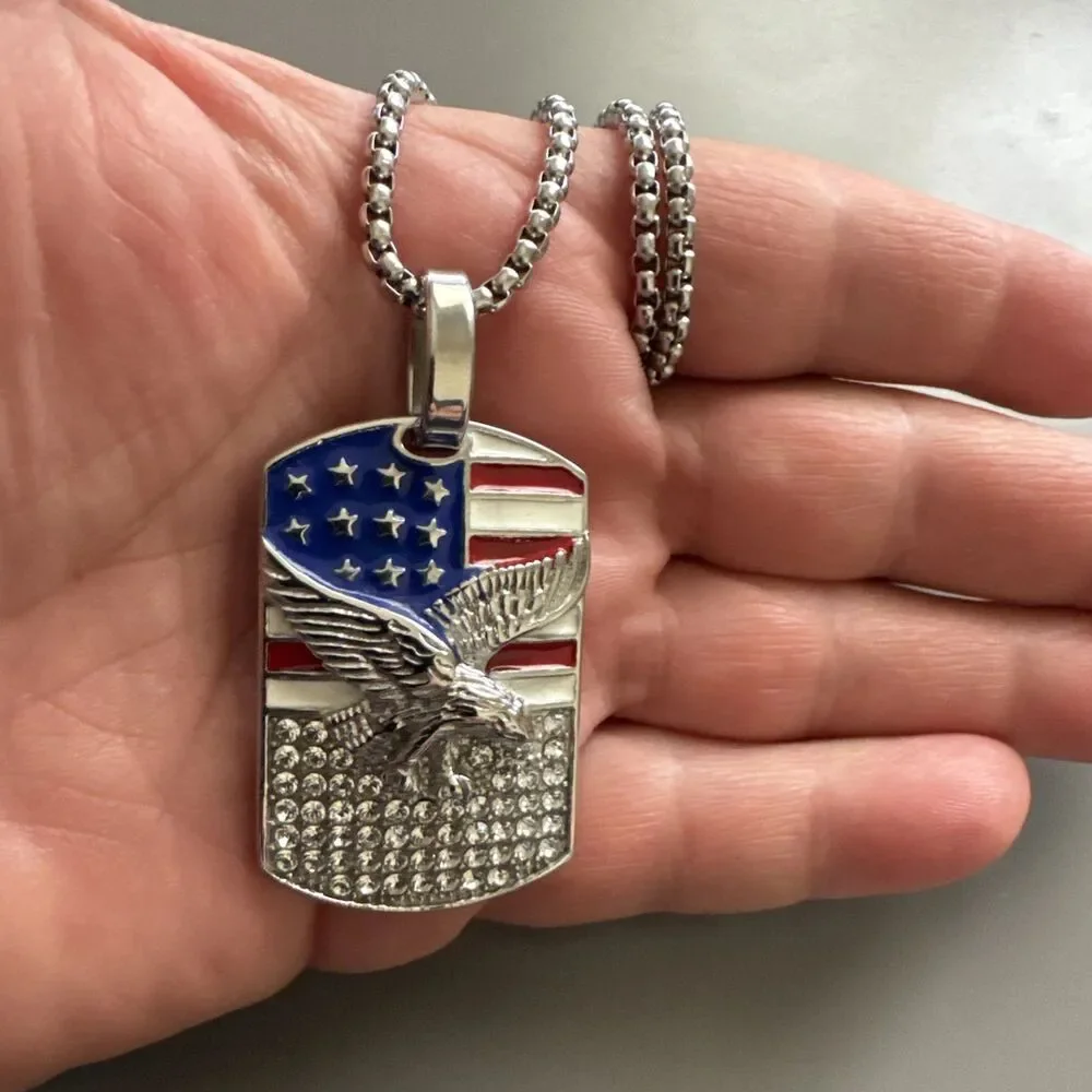 U.S.A America Flag Pendant Cubic Zirconia Stainless Steel 24” Chain Eagle DogTag